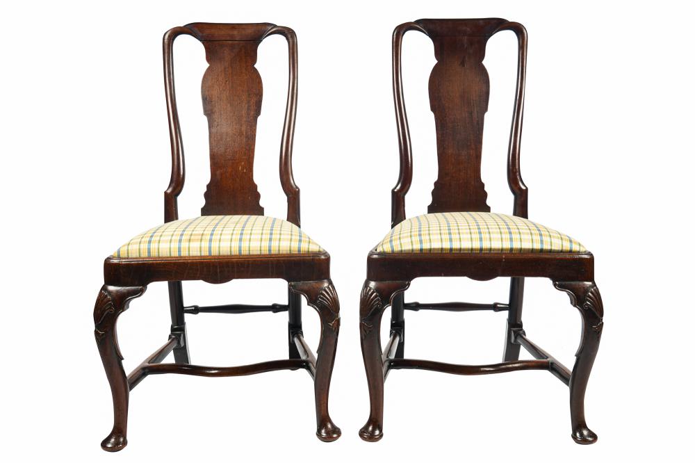 Appraisal: PAIR OF QUEEN ANNE STYLE SIDE CHAIRSeach with fabric-covered inset