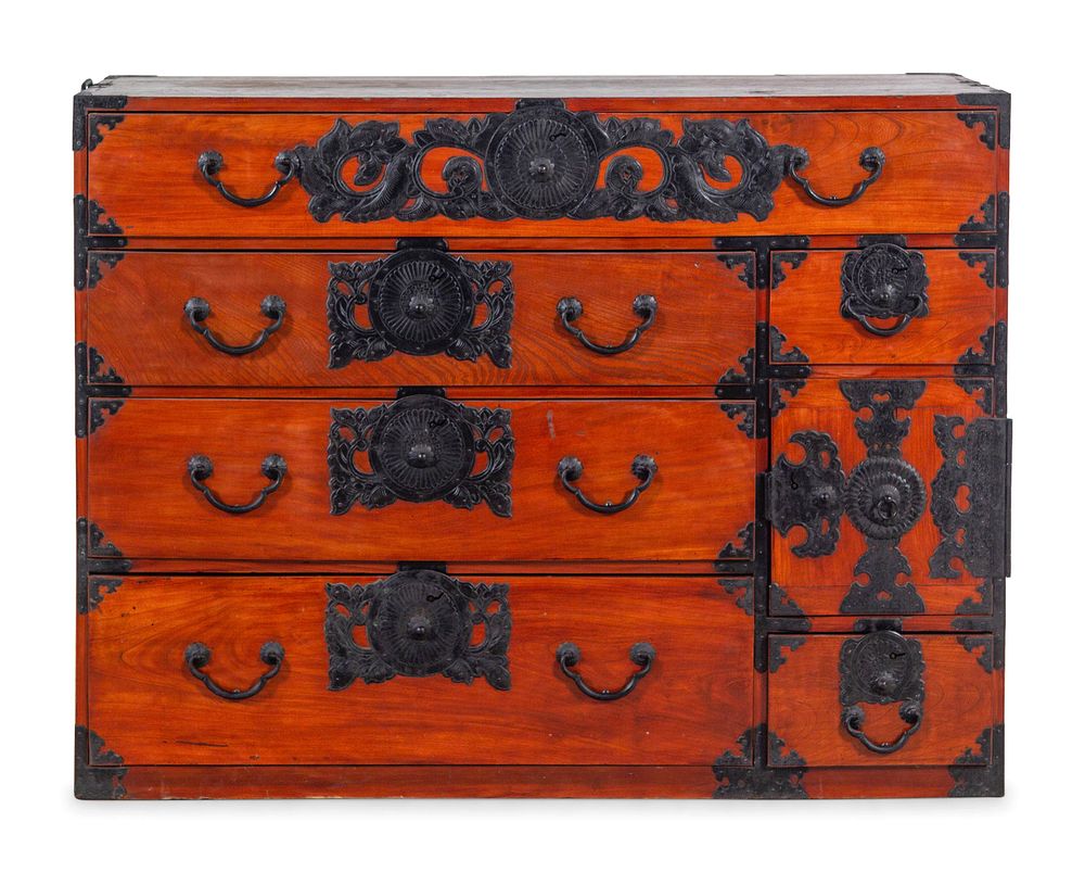 Appraisal: A Japanese Metal Mounted Elm Sendai Chest A Japanese Metal