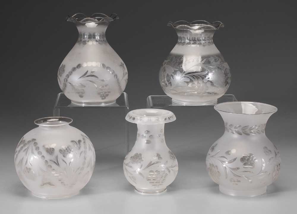 Appraisal: Five Glass Lamp Shades American th and th century wheel