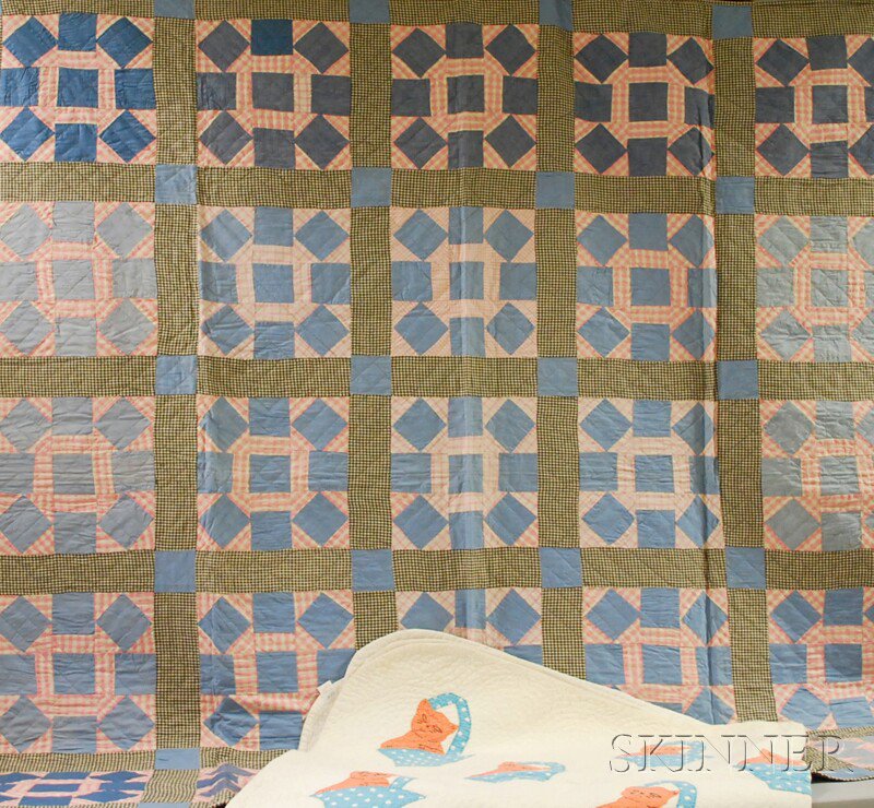 Appraisal: Two Machine and Hand-stitched Pieced and Applique Cotton Quilts one