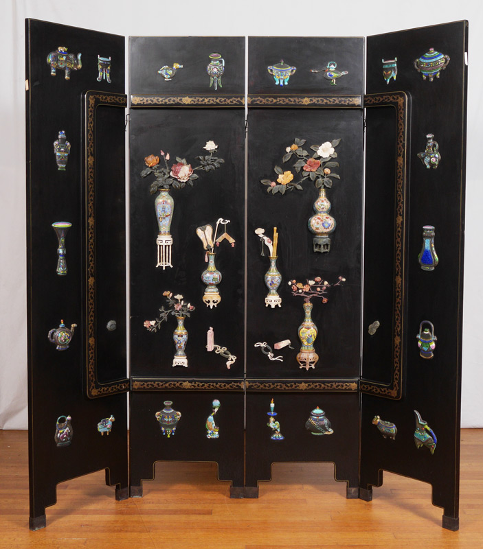 Appraisal: PANEL COROMANDEL SCREEN WITH CLOISONNE VASES Chinese th century lacquer