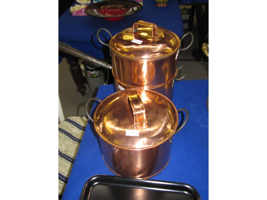 Appraisal: Copper steamer saucepan marked LNER and a handled pot and