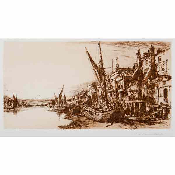 Appraisal: Waterfront Scene Etching by Charles A Vanderhoff Charles A Vanderhoff