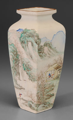 Appraisal: Chinese biscuit vase diamond shape mountainous landscape with waterfall river