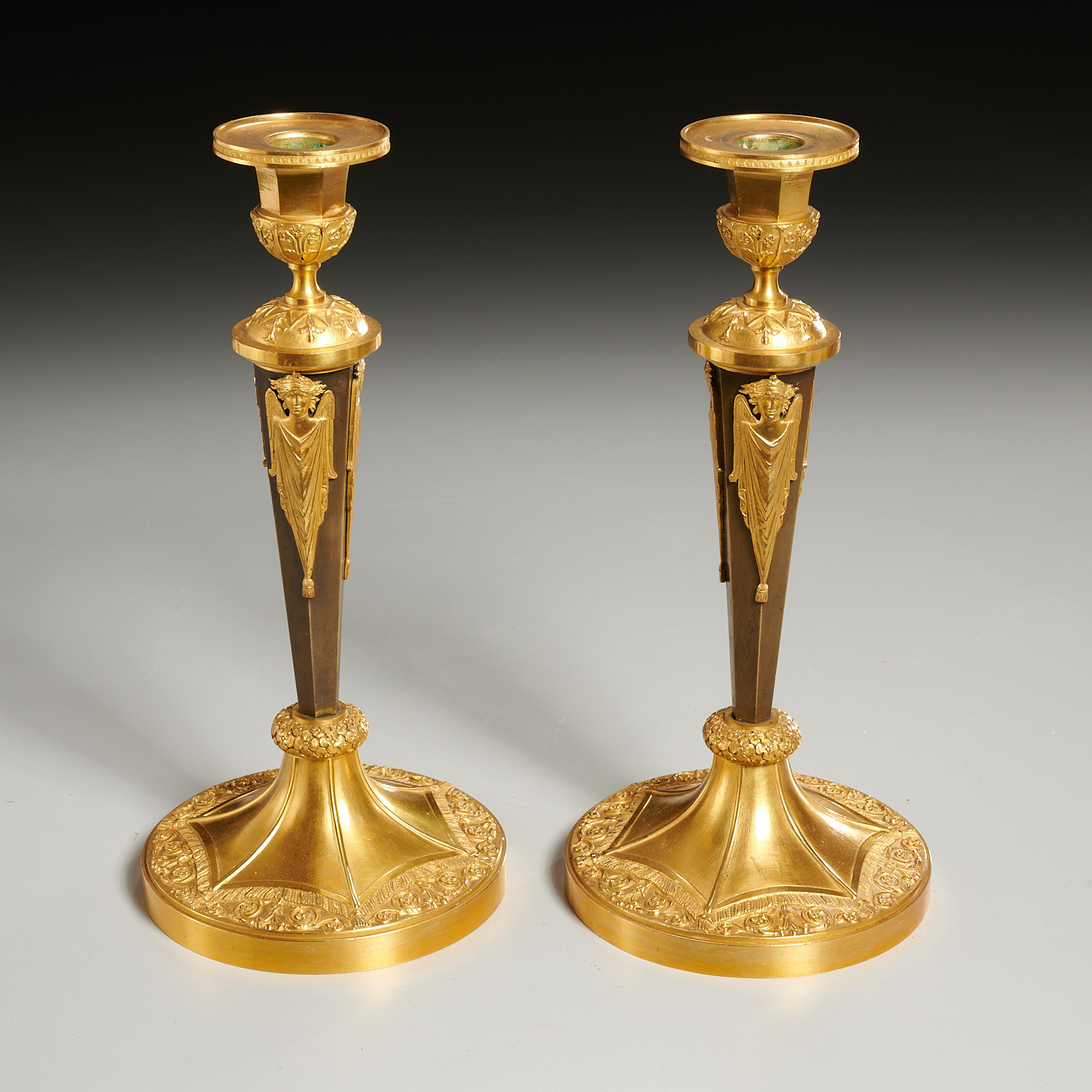 Appraisal: PAIR RUSSIAN EMPIRE DORE BRONZE CANDLESTICKS th c thickly gilt