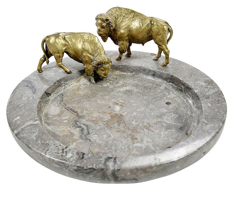 Appraisal: Gilt Bronze Figural Bison and Marble Basin American or Continental