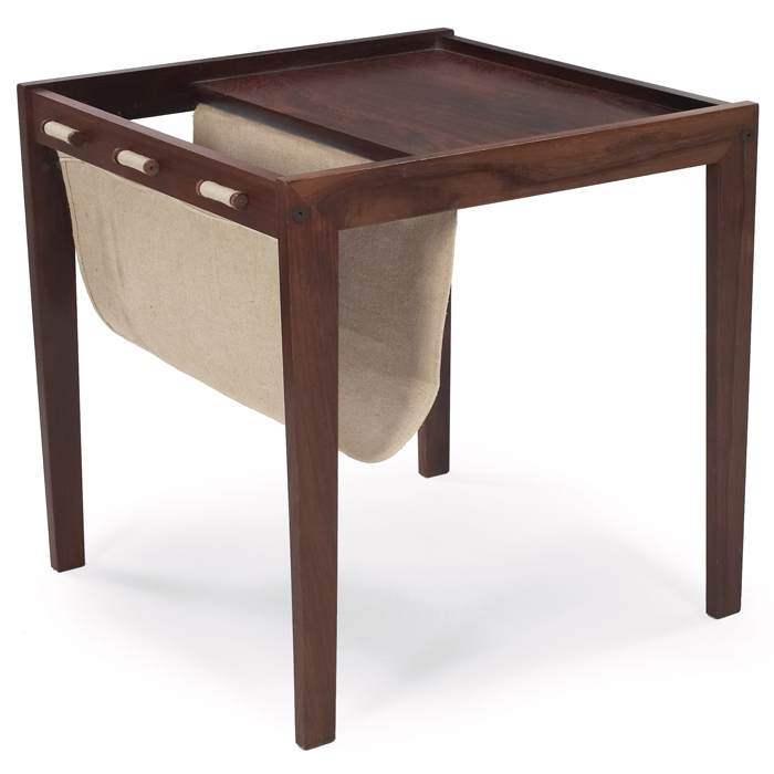 Appraisal: Danish magazine rack rosewood frame supports a canvas sling original