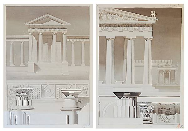 Appraisal: A pair of American Neoclassical architectural wash drawings Watercolor on