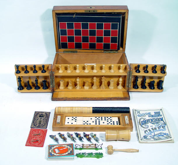 Appraisal: Benetfink oak cased games compendium with chess set and board