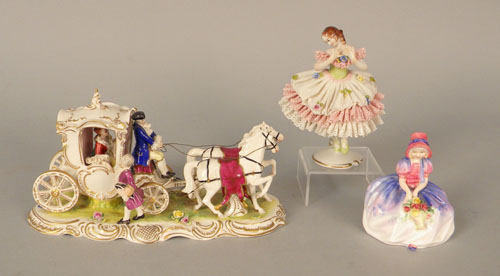 Appraisal: Painted porcelain coaching group together with a German dancer figure