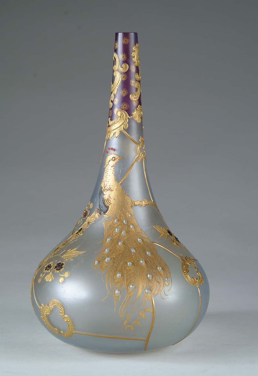 Appraisal: ROYAL FLEMISH PEACOCK VASE Enameled gold peacock with applied jewels