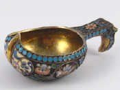 Appraisal: A Russian cloisonne silver gilt kovsch with fine shaded enamels