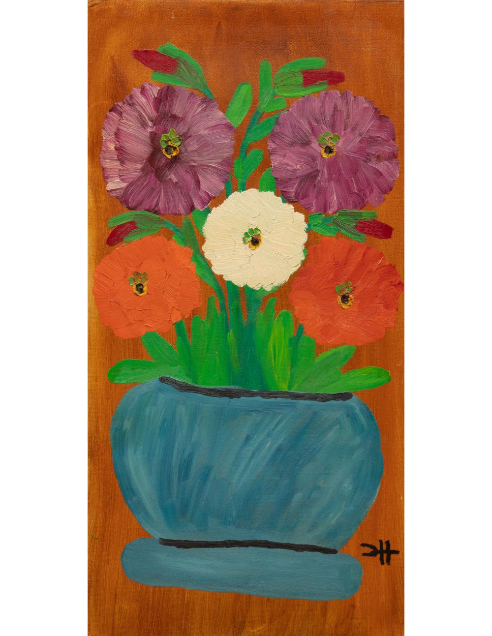 Appraisal: Clementine Hunter American Louisiana - Zinnias in a Blue Vase