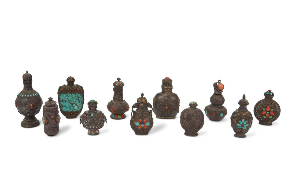 Appraisal: A GROUP OF TIBETAN SILVER AND SEMIPRECIOUS SNUFF BOTTLESA group