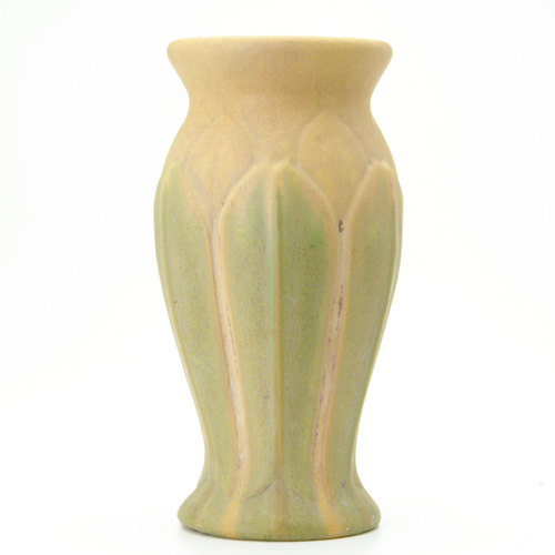 Appraisal: ROSEVILLE Early Velmoss corseted vase with tall green leaves against