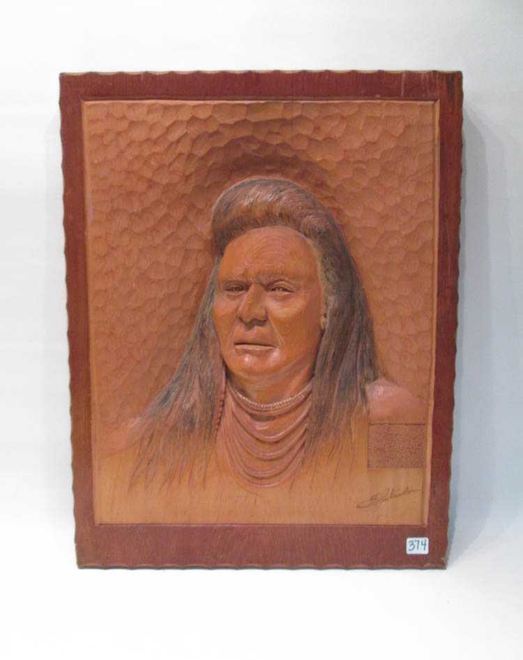 Appraisal: CARVED WOOD PLAQUE OF CHIEF JOSEPH relief carved portrait titled