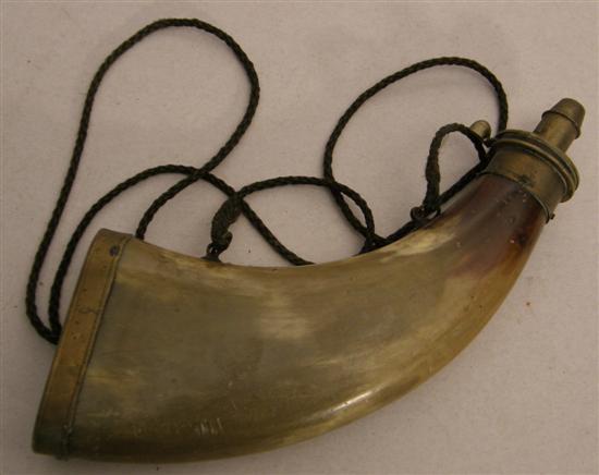 Appraisal: th century horn powder flask with brass mounts h in