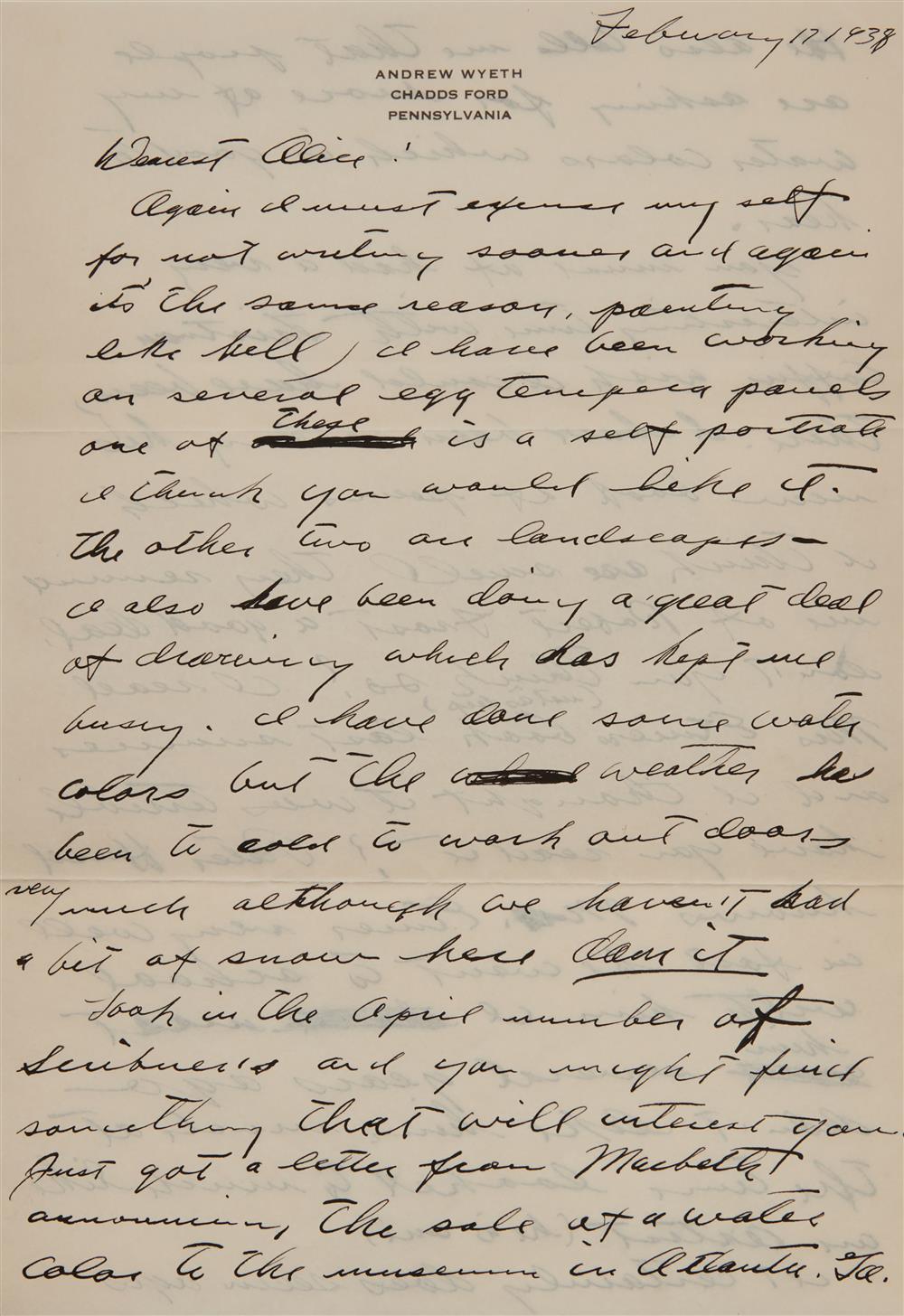 Appraisal: Letter from ANDREW WYETH American - to Alice Moore and