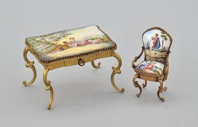 Appraisal: Set of Gilt Bronze Hand Enameled Miniature Table with Drawer