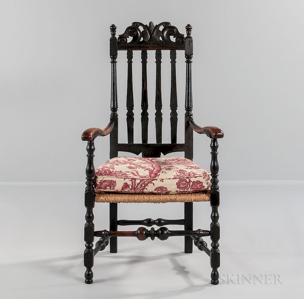 Appraisal: Black-painted and Carved Bannister-back Armchair Black-painted and Carved Bannister-back Armchair