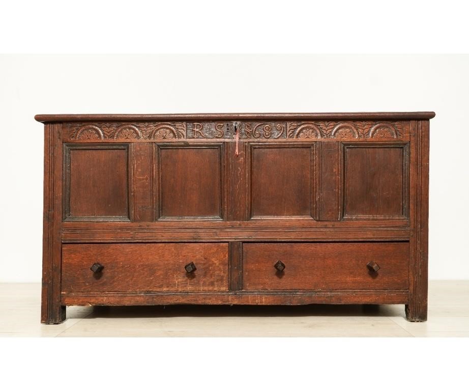 Appraisal: Jacobean style oak coffer with two drawers dated and initialed