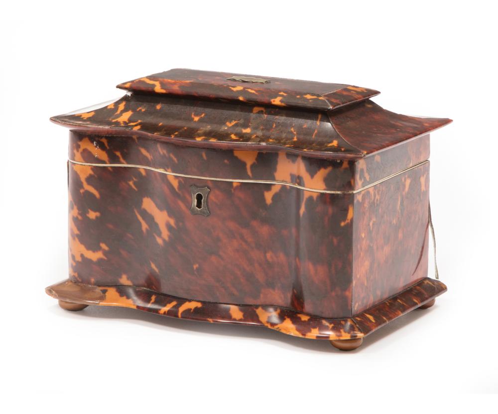 Appraisal: Late Georgian Tortoiseshell Tea Caddy th c serpentine front interior