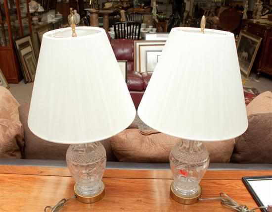 Appraisal: Pair of brass-mounted crystal lamps possibly Waterford with silk shades