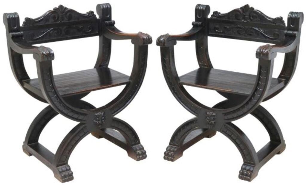 Appraisal: pair Spanish Renaissance Revival ebonized chairs th c having carved