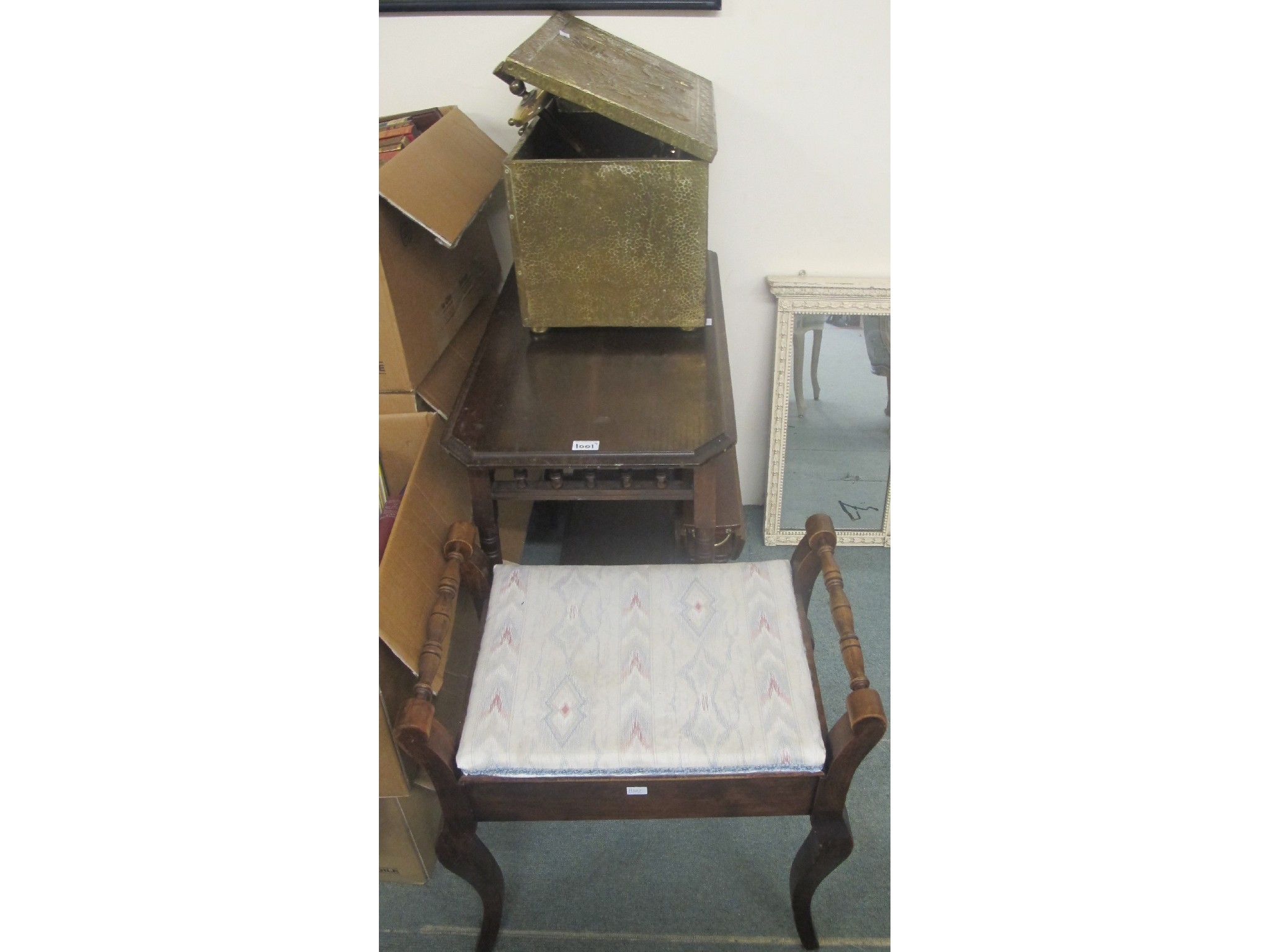 Appraisal: A coal box with assorted brassware and a piano stool