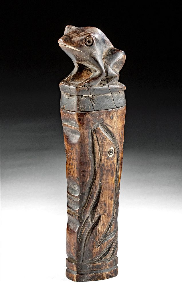 Appraisal: th C Dayak Bone Drug Container w Frog Lid Indonesia