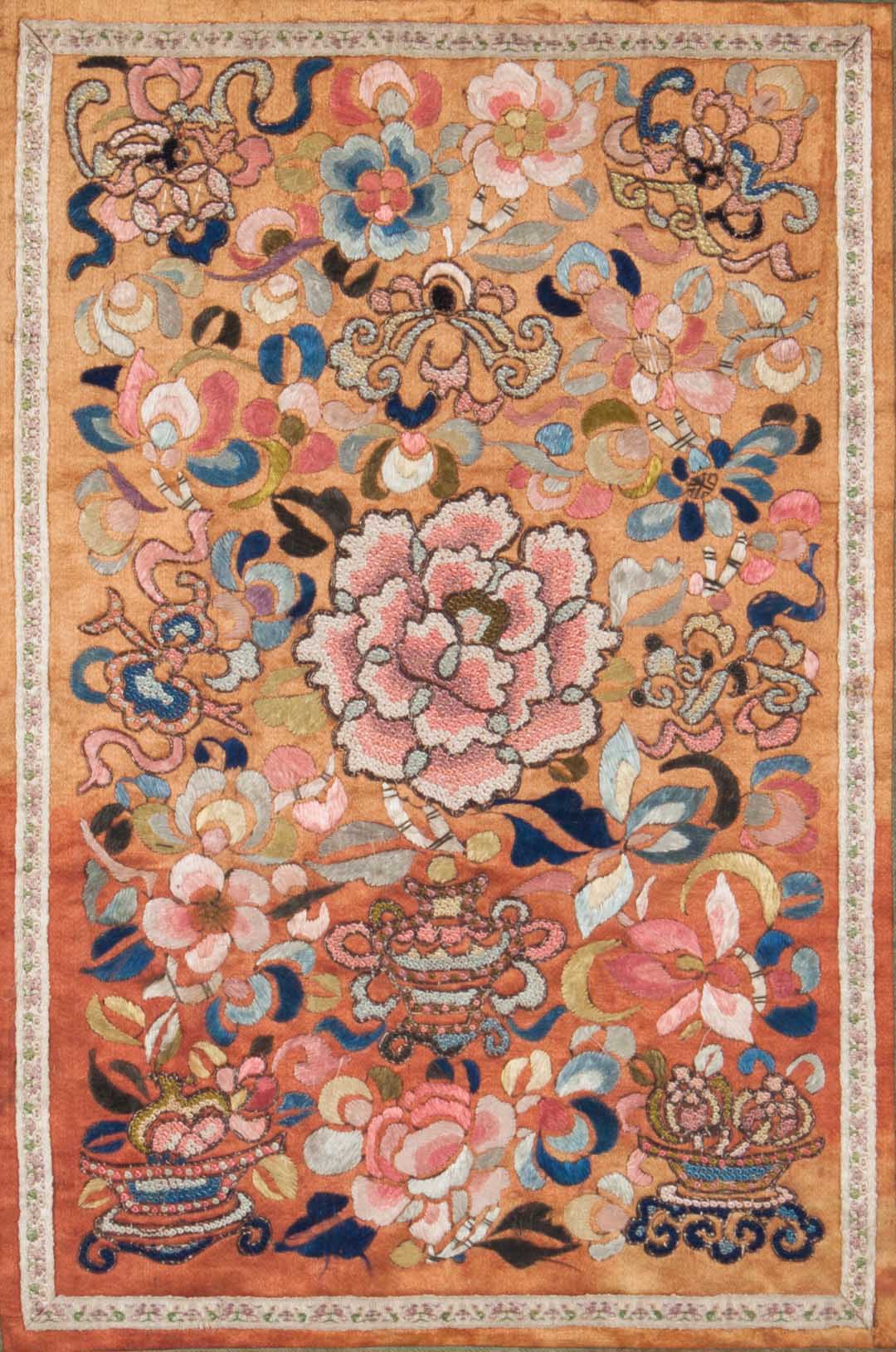 Appraisal: Chinese silk embroidered textile fragment late th century in elaborate