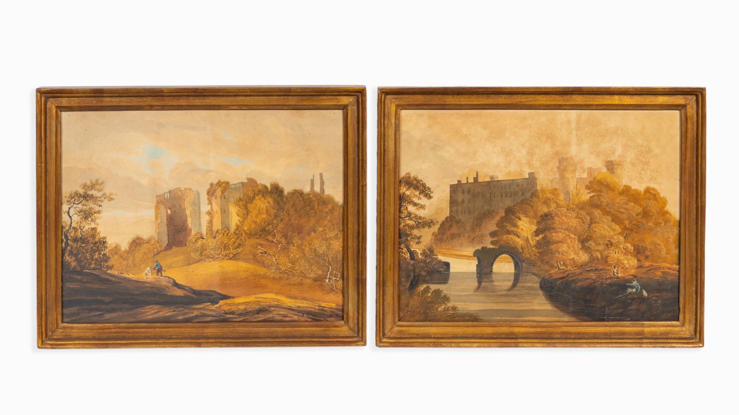 Appraisal: PAIR CONTINENTAL STYLE WATERCOLOR LANDSCAPES Pair of Continental style watercolor