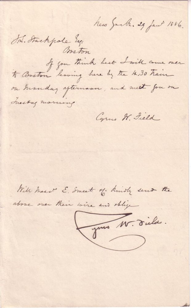 Appraisal: FIELD CYRUS W Letter Signed to J L ewis Stackpole