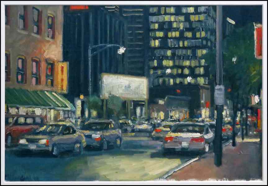 Appraisal: MARLE HORTON CONTEMPORARY CITY AT NIGHT WITH GREEN AWNING Oil