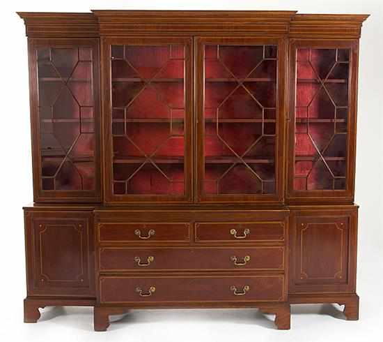 Appraisal: George III style inlaid mahogany breakfront th century stepped crown