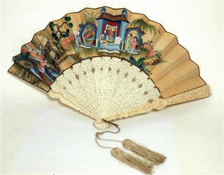 Appraisal: CHINESE IVORY AND SILK FAN TH CENTURY the ivory guards