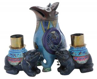 Appraisal: Pair Fu Lion Candlesticks and Enameled Bird Censer Chinese th