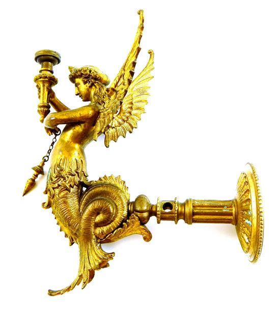 Appraisal: Late th C gilded bronze figural wall sconce winged mermaid