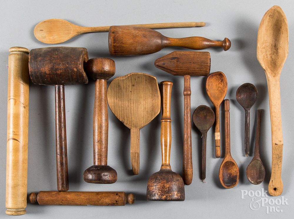 Appraisal: Wooden implements to include mallets spoons etc Wooden implements to