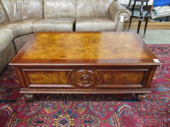 Appraisal: RECTANGULAR BURL WOOD AND MAHOGANY COFFEE TABLE recent having a