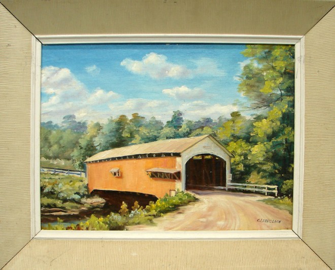 Appraisal: Clarence I Dreisbach Covered bridge scene oil on canvas board