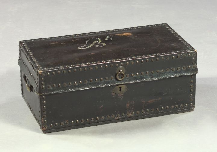 Appraisal: English Black Leather Trunk with Brass Nailhead Edging second quarter