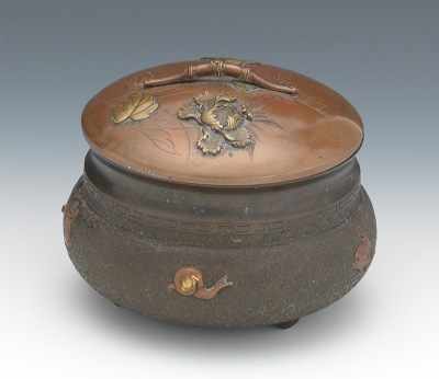 Appraisal: A Japanese Mixed Metal Lidded Jar Squat bulbous shape jar