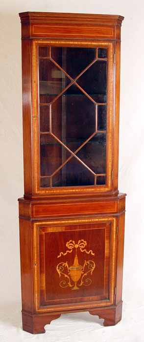 Appraisal: DIMINUTIVE MARQUETRY INLAY CORNER CABINET Marquetry urn motif on the