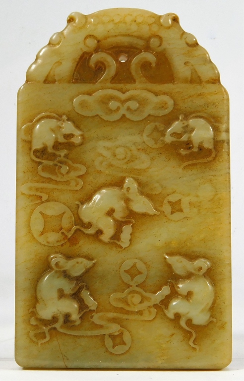 Appraisal: CHINESE QING DYNASTY CARVED JADEITE RAT AMULET China Qing DynastyRectangular