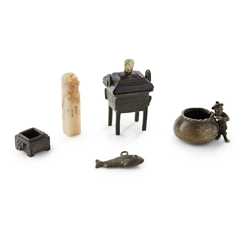 Appraisal: BRONZE INCENSE GARNITURE comprising a small fangding-form censer and wood