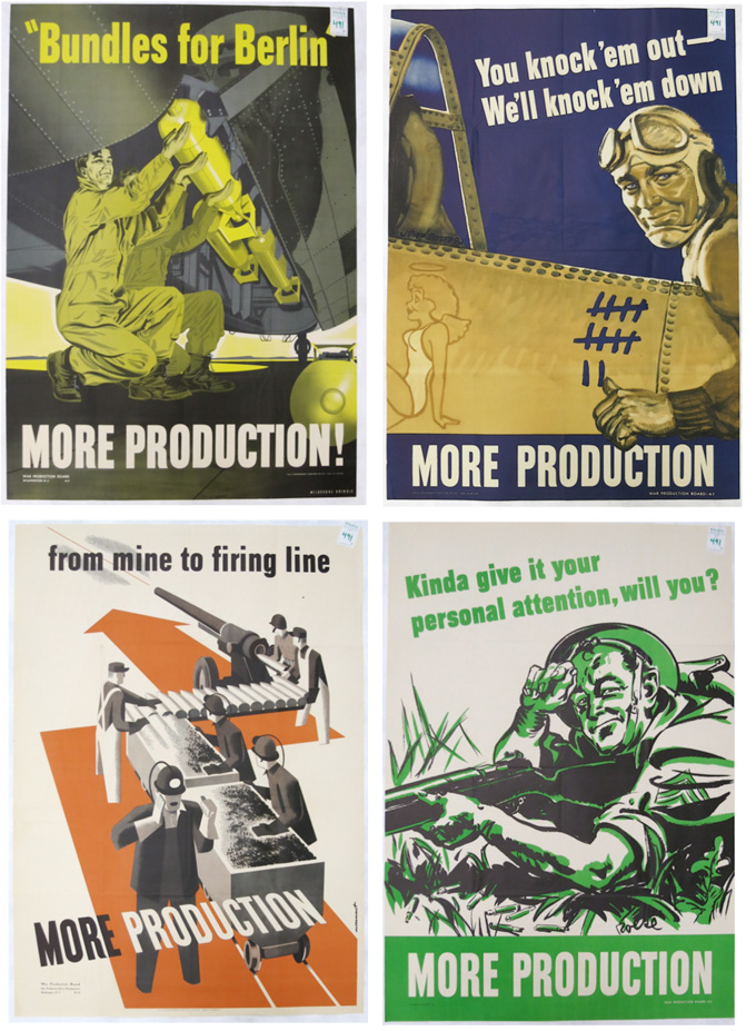 Appraisal: FOUR WWII MORE PRODUCTION POSTERS Bundles for Berlin From Mine