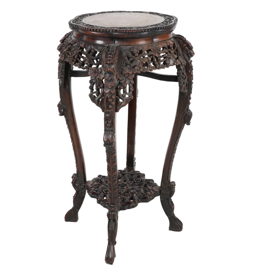 Appraisal: CHINESE MARBLE-INSET CARVED HARDWOOD STANDwith pierced apron Condition stand needs