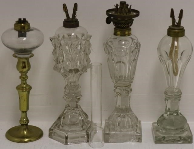 Appraisal: EARLY WHALE OIL LAMPS TO INCLUDE PEG LAMPWITH BRASS CANDLESTICK