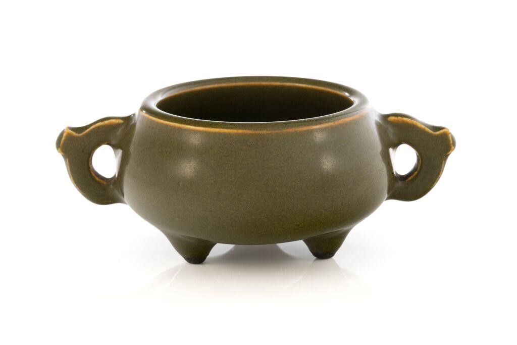 Appraisal: Chinese carefully potted tea-dust glazed tripod censer of compressed globular